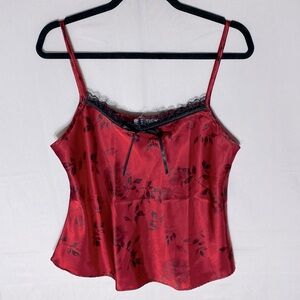 Vintage East West Intimates Red Black Floral Satin Camisole W Black Lace Trim L